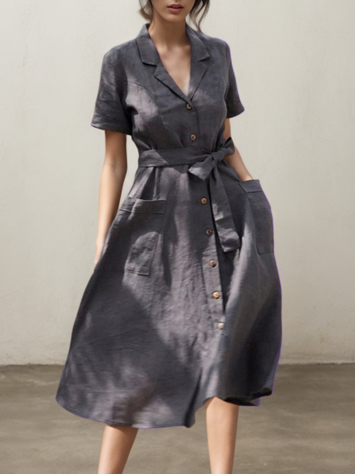 Cotton And Linen Camp Collar Plain Short Sleeve Maxi Dress