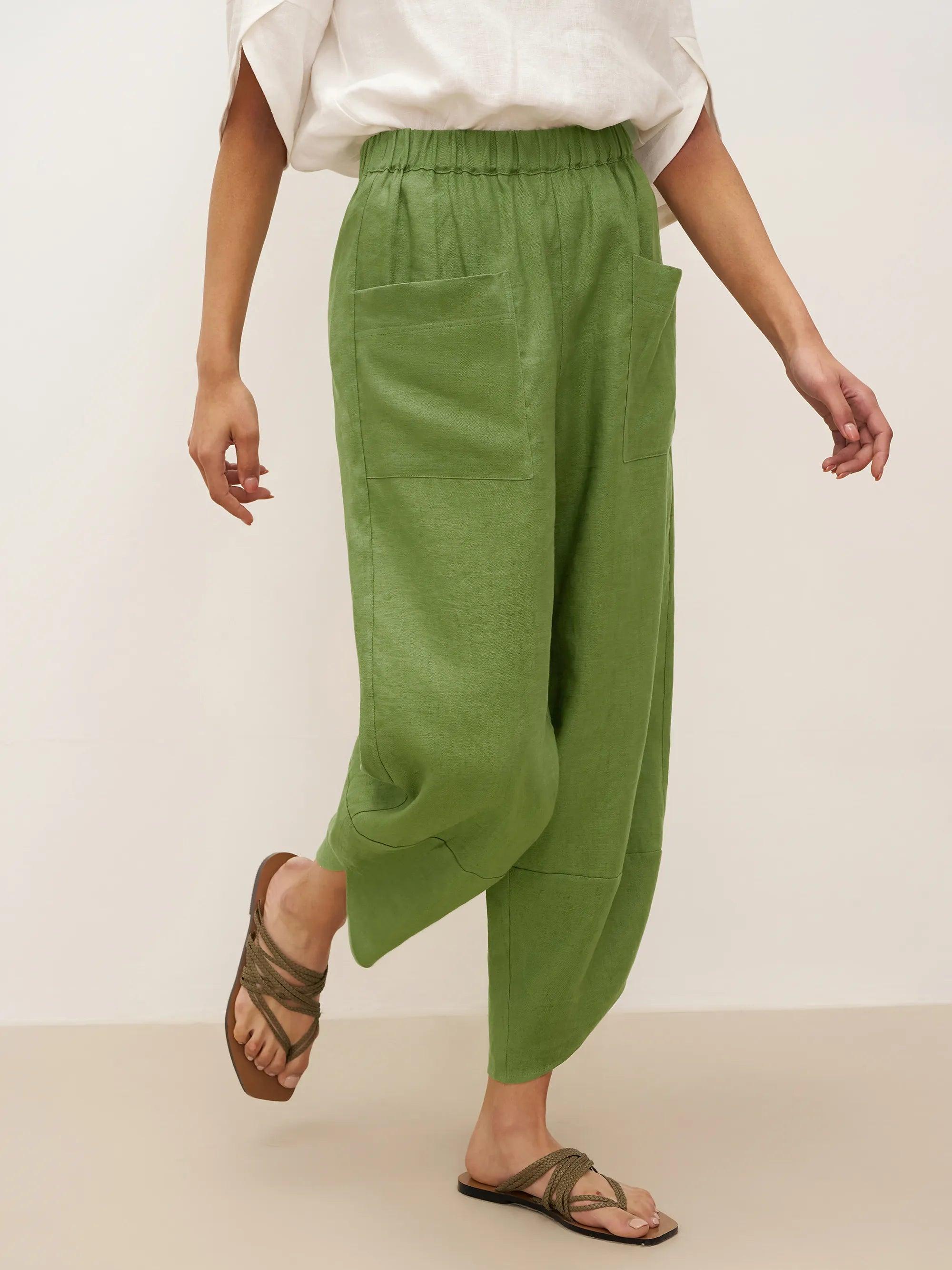 100% Linen Petal-Hem Trousers with Elastic Waist LIV