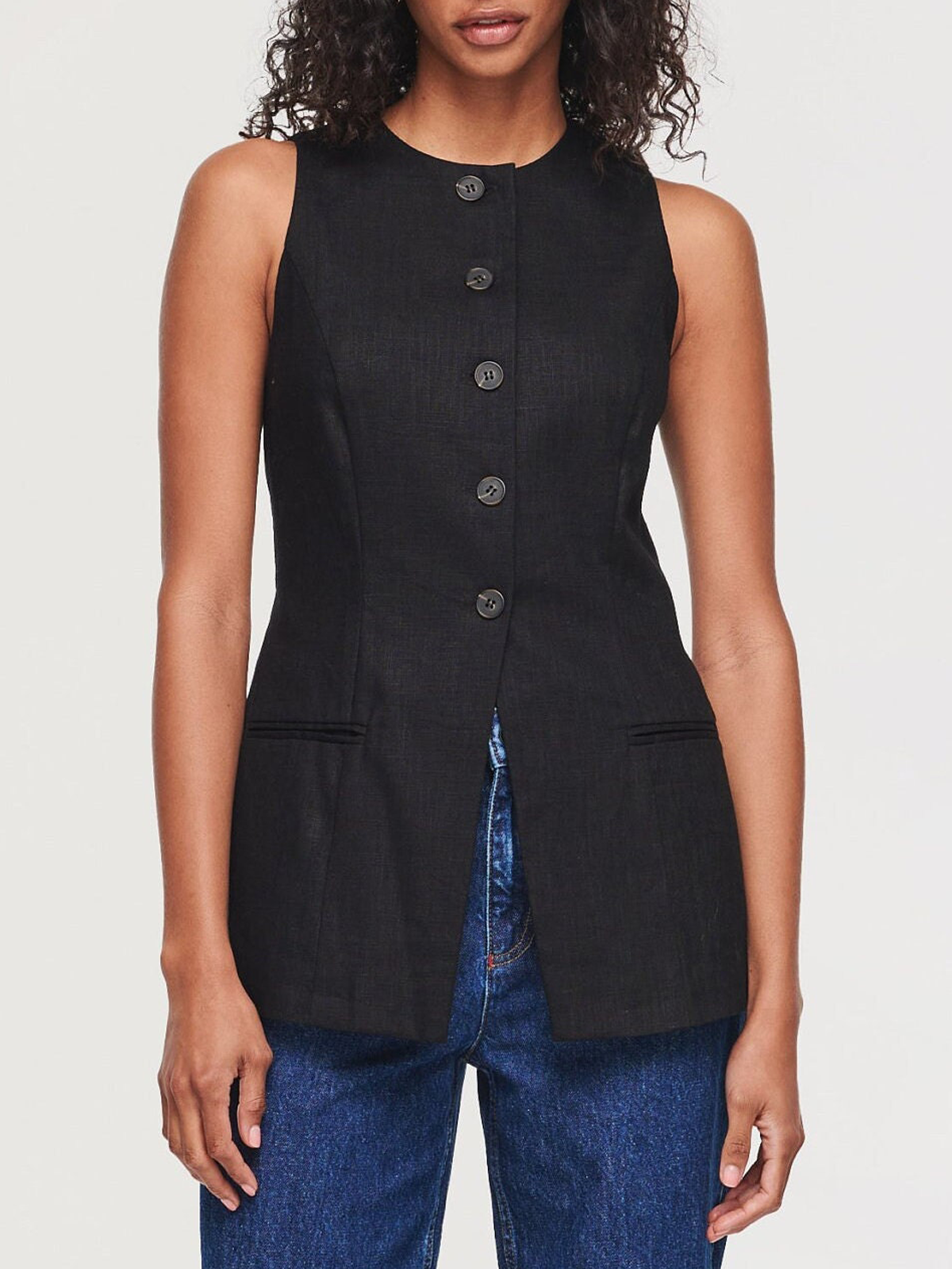 Cotton And Linen Crew Neck Button Design Sleeveless Tank Top