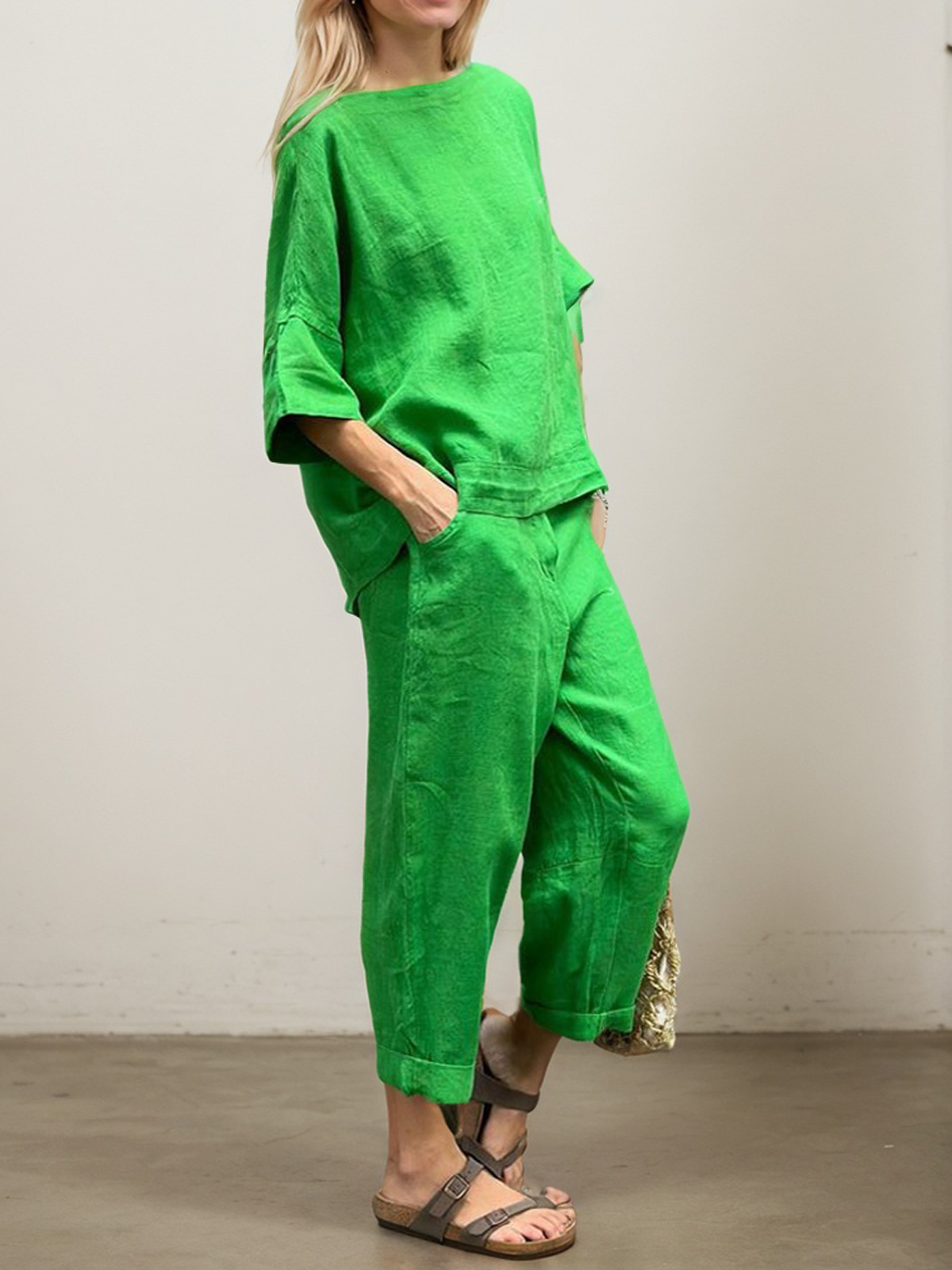 Linen Crew Neck Plain Half Sleeve Top With Pants Two-piece Set
