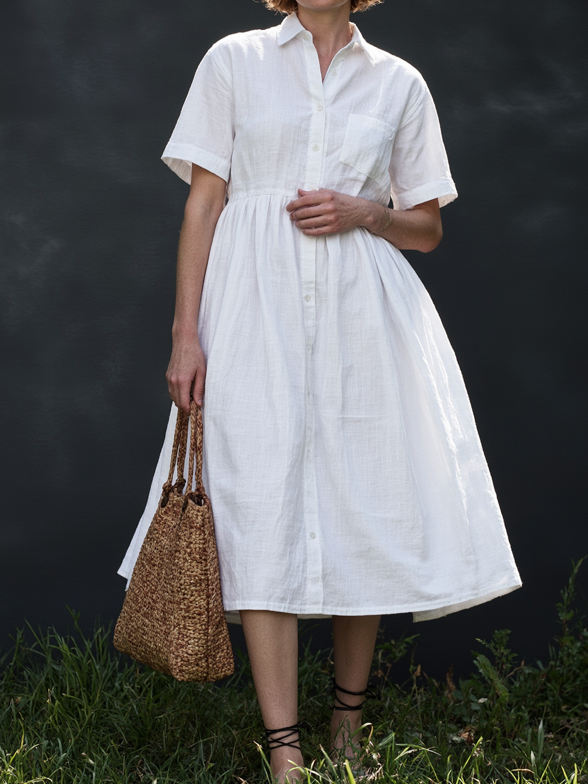 Linen Shirt Collar Plain Short Sleeve Midi Dress
