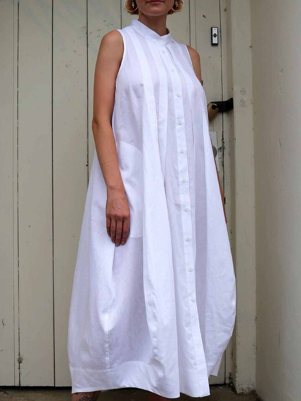 Cotton And Linen Stand Collar Pleats Sleeveless Maxi Dress