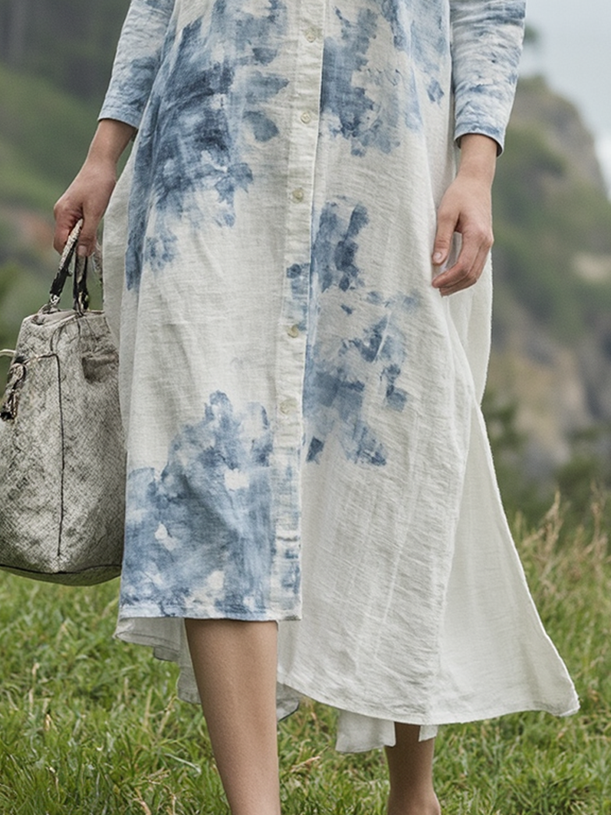 Linen Stand Collar Floral Three Quarter Sleeve Midi Dress