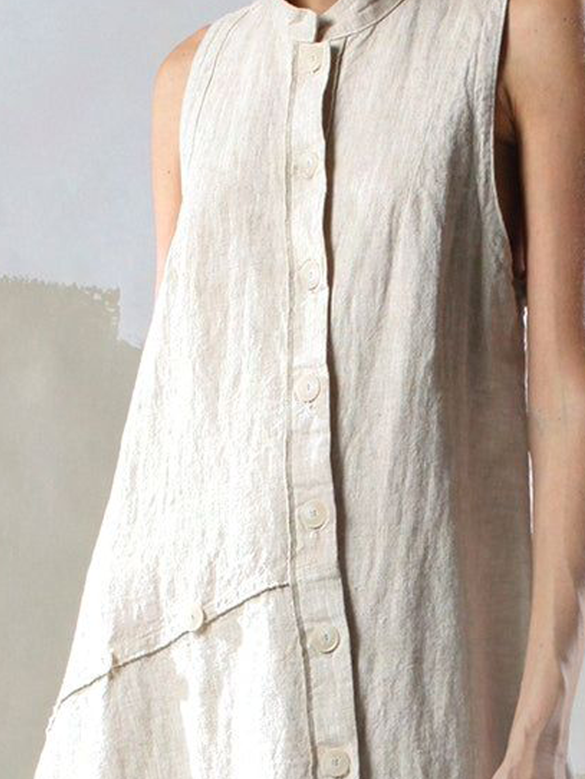 Cotton And Linen Stand Collar Button Design Sleeveless Midi Dress
