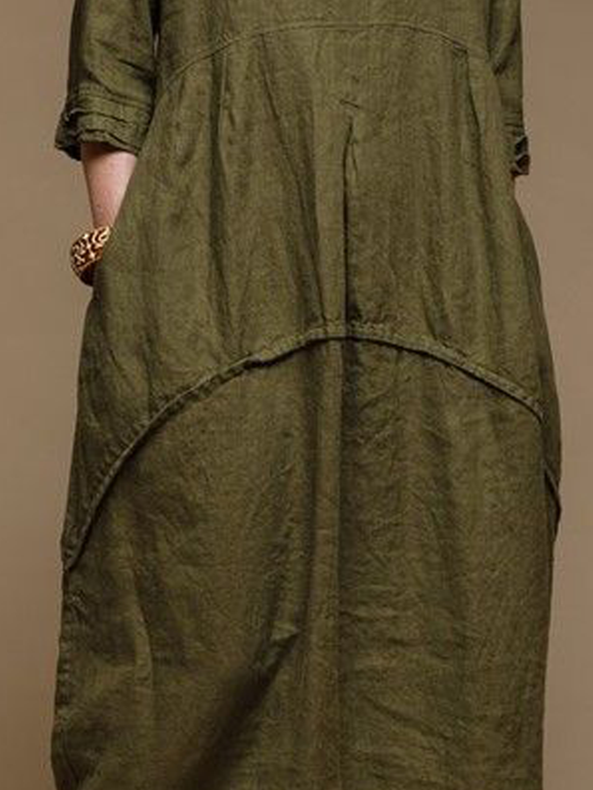 Linen-Cotton Crew Neck Plain Long Sleeve Maxi Dress