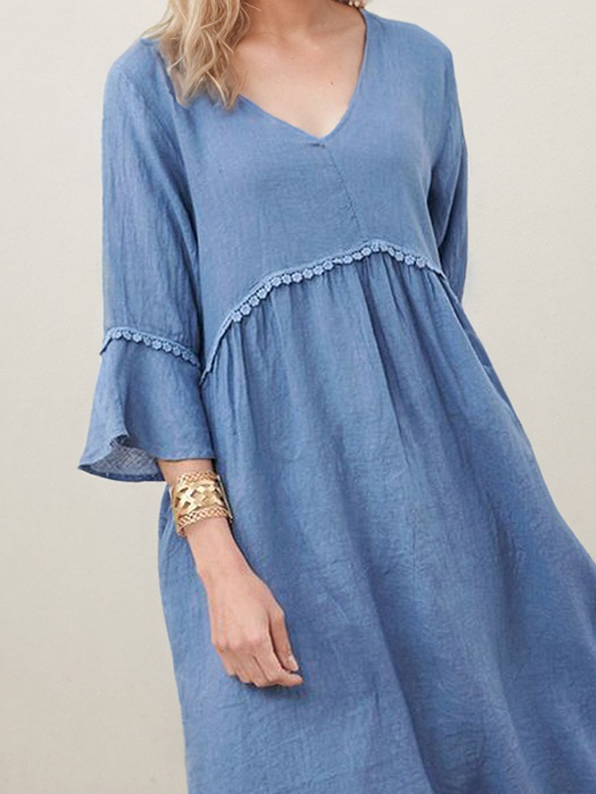 Linen V Neck Plain Short Sleeve Midi Dress